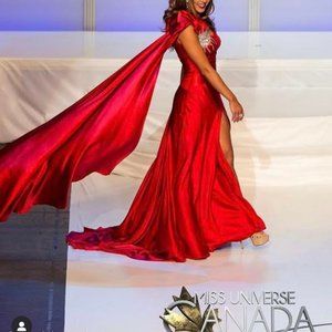 Mac Duggal -Red one sleeved  caped Pageant Dress
